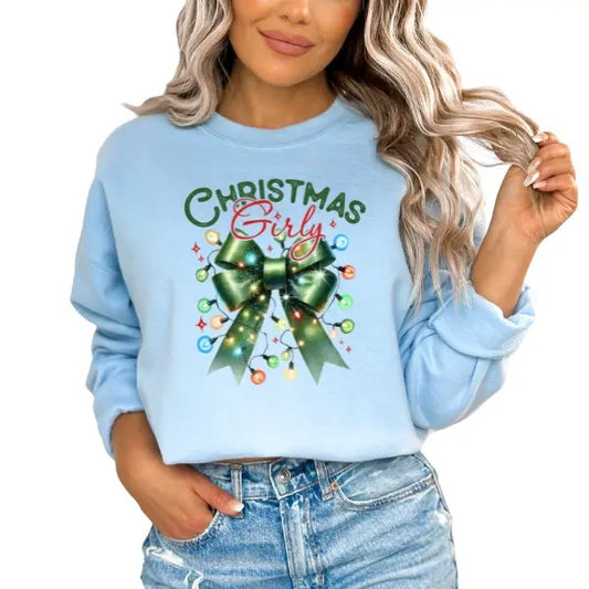 Christmas Girly Sweatshirt with Coquette Bow & Festive Lights | Cute, Playful, & Colorful Design Holiday Season | Perfect for Girly Christmas Vibes | Cozy & Stylish for Winter | Ideal for Celebrating in Style | Comfy Holiday Sweatshirt for a Festive Look
