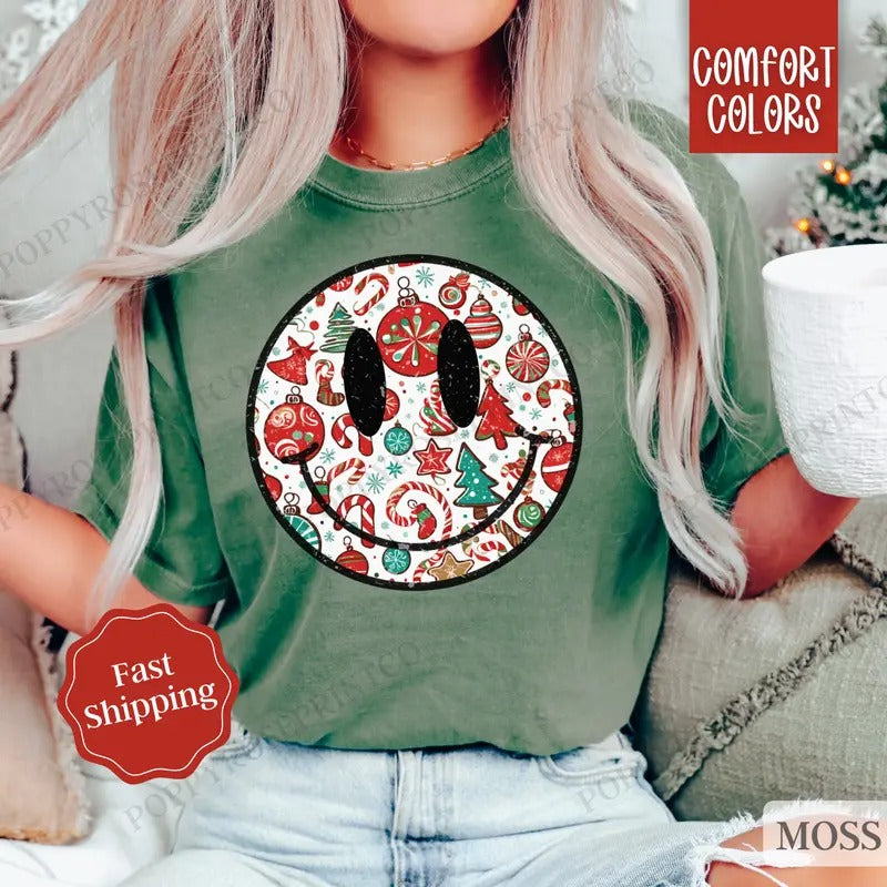 Christmas Happy Face Shirt Comfort Colors Holiday Tshirt, Women's Holiday Tee christmas shirt