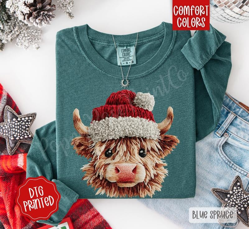Christmas Highland Cow Comfort Colors Long Sleeve T-Shirt, Cute Women's Holiday Tee Hoodie, Sweatshirt | WearSparks.com