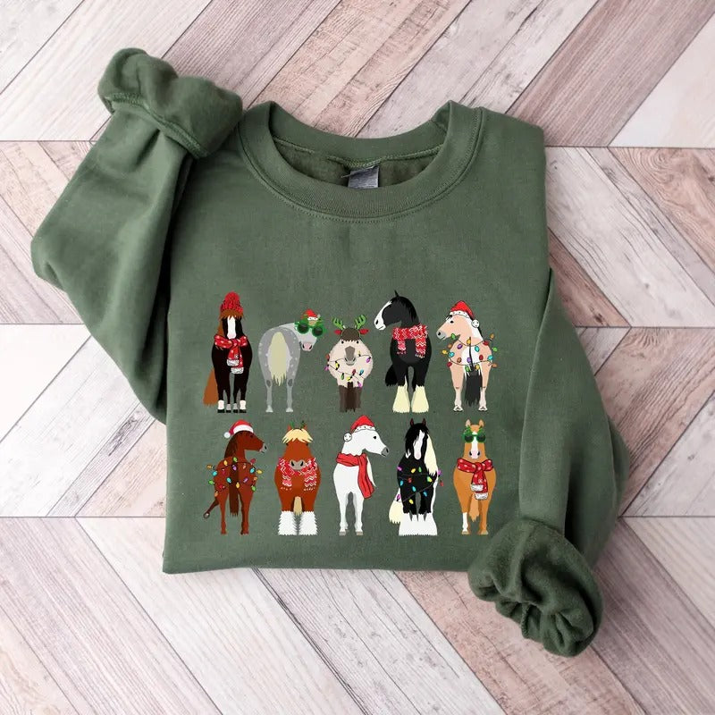 Christmas Horse Sweatshirt, Horse Lover Animal Christmas Shirt,  Funny Christmas Horse, Christmas Farm Animals Shirt, Funny Horse Christmas Sweater, Horses In A Row Tee, Xmas Gift for Horse Mom