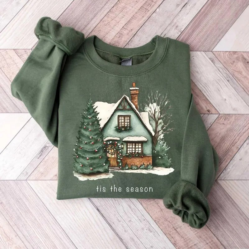 Christmas House Shirt - Women's Holiday Sweatshirt with Cute Cookie Design - Pullover, Fabric holiday shirt