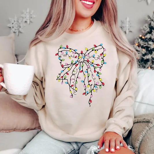 Christmas Light Coquette Bow Sweatshirt, Christmas Shirt, Christmas Lights Shirt, Cute Christmas Shirts, Holiday Shirt, Christmas T-Shirts Womenswear Hoodie Womenswear Hoodie