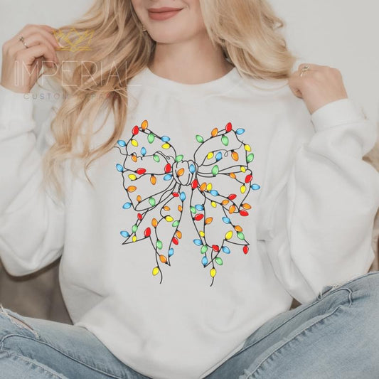Christmas Lights Bow Sweatshirt, Cute Christmas Sweatshirt, Xmas Sweater, Xmas Gifts, Christmas Outfit, Comfort Colors Printed T-Shirt Full Color Print