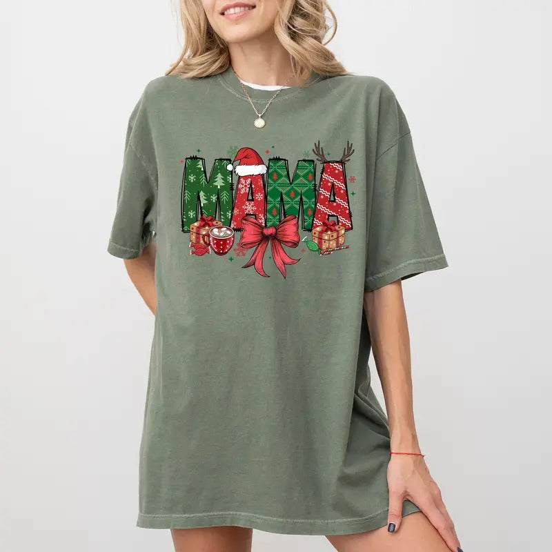 Christmas Mama Coquette Shirt Comfort Colors, Christmas Tee, Mama Claus T-shirt, Xmas Gift Shirt for Mom, Christmas Mama Crewneck, Womenswear