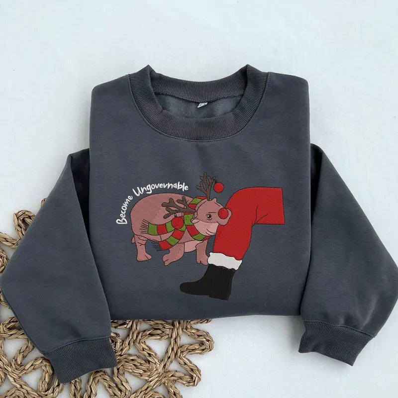 Christmas Moo Deng Embroidered Sweatshirt, Funny Hippo Moo Deng Sweatshirt, Christmas Gift