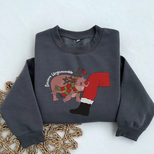 Christmas Moo Deng Embroidered Sweatshirt, Funny Hippo Moo Deng Sweatshirt, Christmas Gift