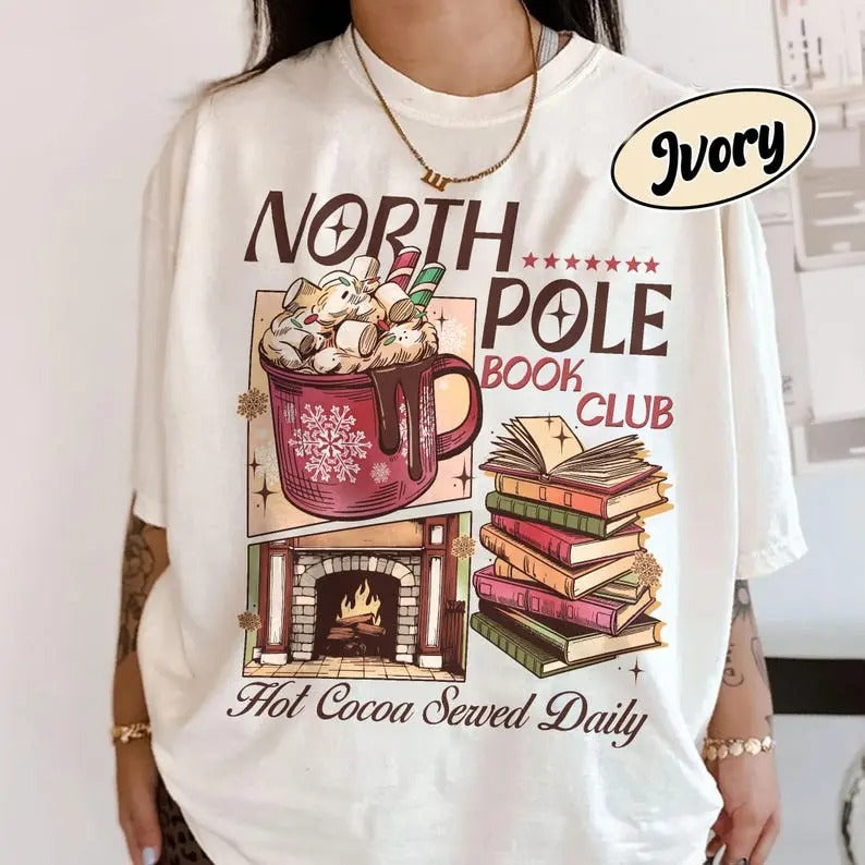 Christmas North Pole Book Club  Shirt, Bookish Christmas T Shirt, Shirt For Book Lover, Holiday Bookish Gift Shortsleeve Womenswear Casual Cotton Crewneck