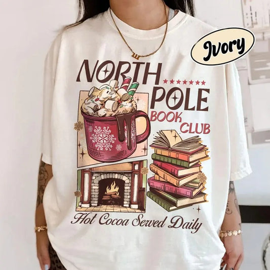 Christmas North Pole Book Club  Shirt, Bookish Christmas T Shirt, Shirt For Book Lover, Holiday Bookish Gift Shortsleeve Womenswear Casual Cotton Crewneck