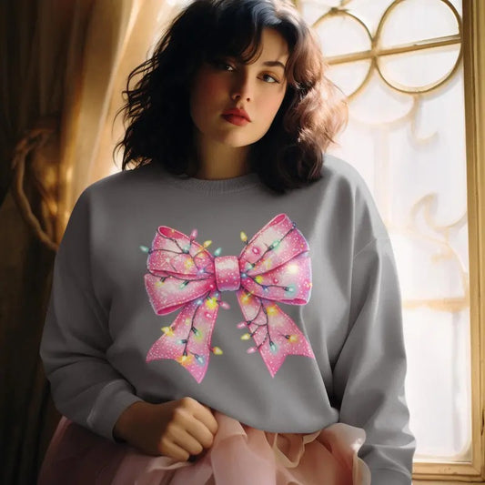 Christmas Pink Bow Sweatshirt, Cozy Holiday Sweatshirt, Cute Gift for Her, Festive Light-Up Bow Shirt, Cute Christmas Sweatshirt