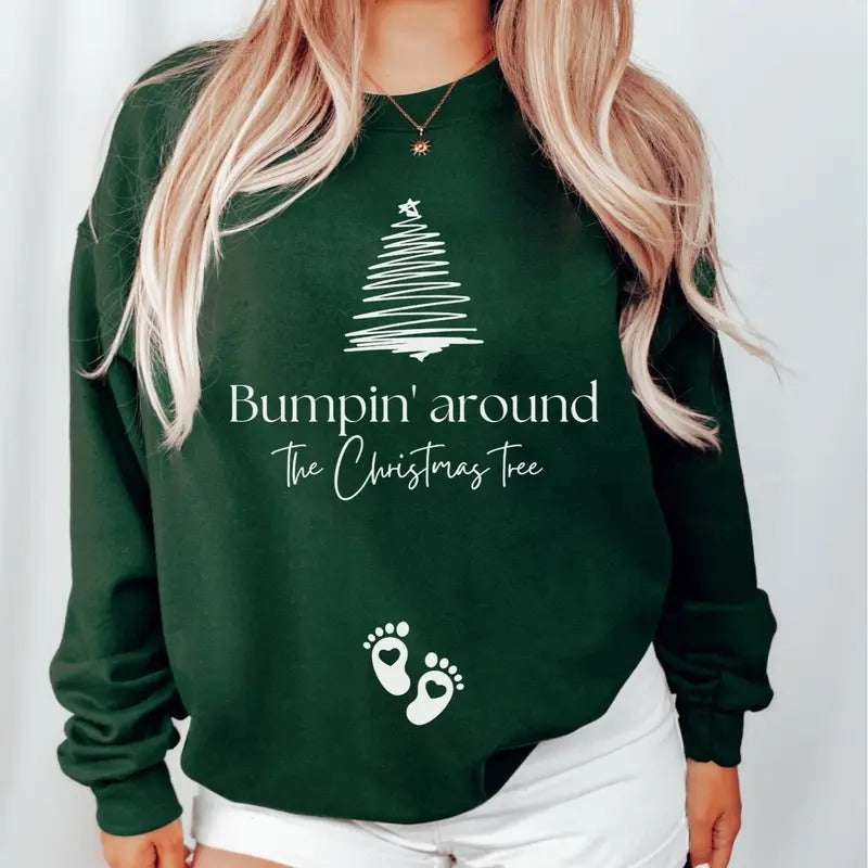 Christmas Pregnancy Announcement Sweatshirt, Bumpin Around The Christmas Tree Maternity Jumper Sweatshirt, Christmas New Mom Gift Shirt, Christmas Tree Sweater, Winter Holiday Mom Shirt