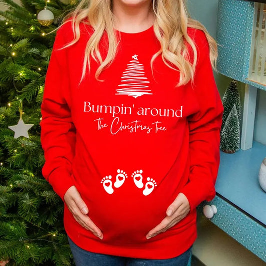 Christmas Pregnancy Announcement Sweatshirt, Twins Bumpin Around the Christmas Tree Maternity Jumper, Funny Twin Baby Reveal Crewneck to Family