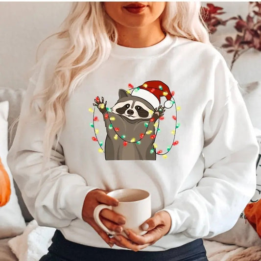 Christmas Racoon Sweatshirt, Funny Christmas Lights Raccoon Sweater, Happy Holiday Christmas Shirt, Christmas Racoon Shirt Cotton Polyester