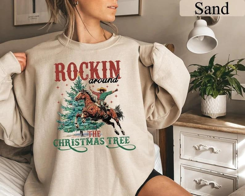 Christmas Retro Sweatshirt, Rockin Around The Christmas Tree Sweatshirt, Western Sweatshirt, Cowboy Christmas Sweatshirt, Christmas Gift, Family Shirt, Western Christmas Sweater, Merry Christmas Shirt, Country Christmas Teestyle{n002}2