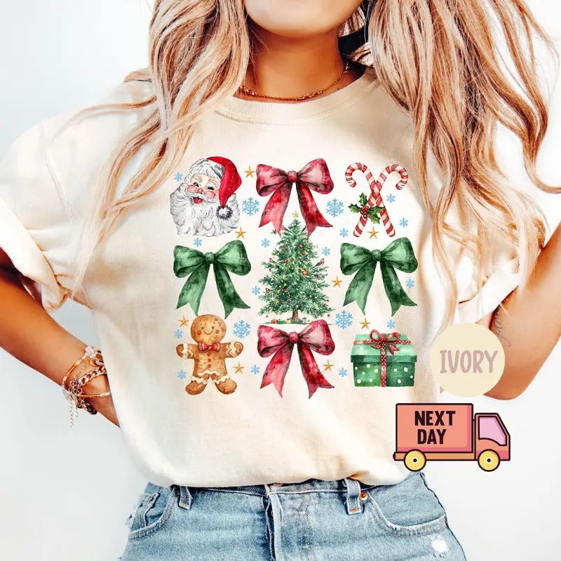 Christmas Santa Coquette Bow Candy Gingerbread T-shirt, Coquette Bow T-shirt, Christmas Trending Womens Shirt, Retro Holidays Shirt, Santa Claus T-shirt