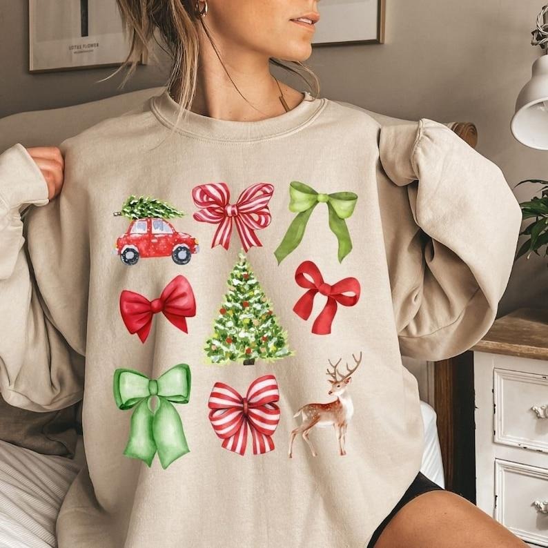 Christmas Sweatshirt Coquette Bows Girly Holiday Sweatshirt for Women & Girls Xmas Crewneck Sweatshirt Preppy Coquette Christmas Shirt