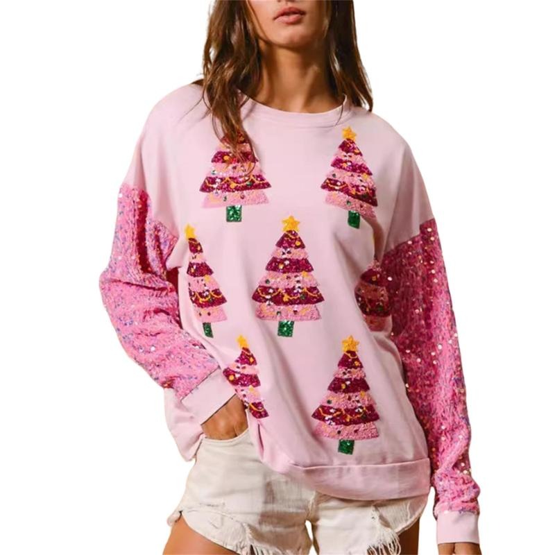 Christmas Sweatshirt for Women Sequined Glitter Santa Shirt Funny Graphic Pullover Tops Xmas Holiday Shirts