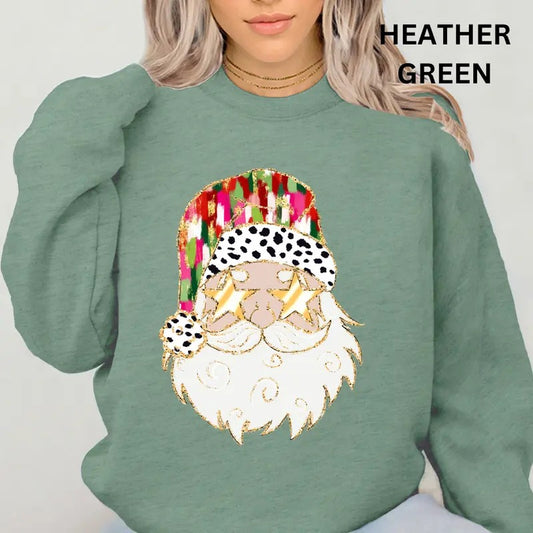 Christmas Sweatshirt, Glitter Faux Santa Sweatshirt, Christmas Santa Crewneck, Retro Casual Cotton Womenswear Pullover Pullover