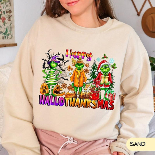 Christmas Thanksgiving Griench Sweatshirt, Funny Shirt, Christmas Hoodie, Happy HalloThanksMas Sweatshirts, Happy Hallothanksmas Shirts