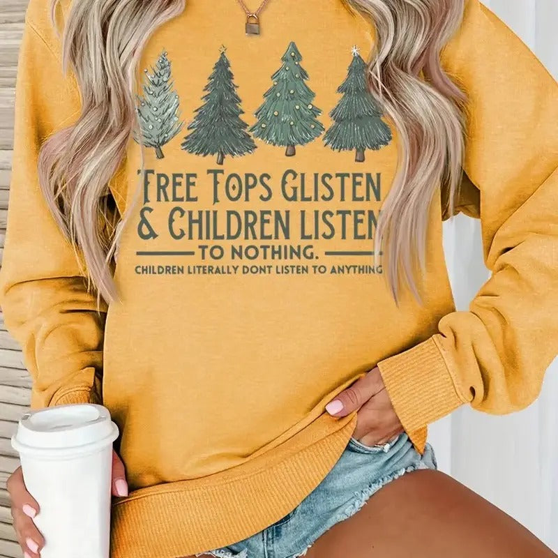 Christmas Tree & Letter Print Loose Sweatshirt, Casual Long Sleeve Crew Neck Sweatshirt, Women's Clothing