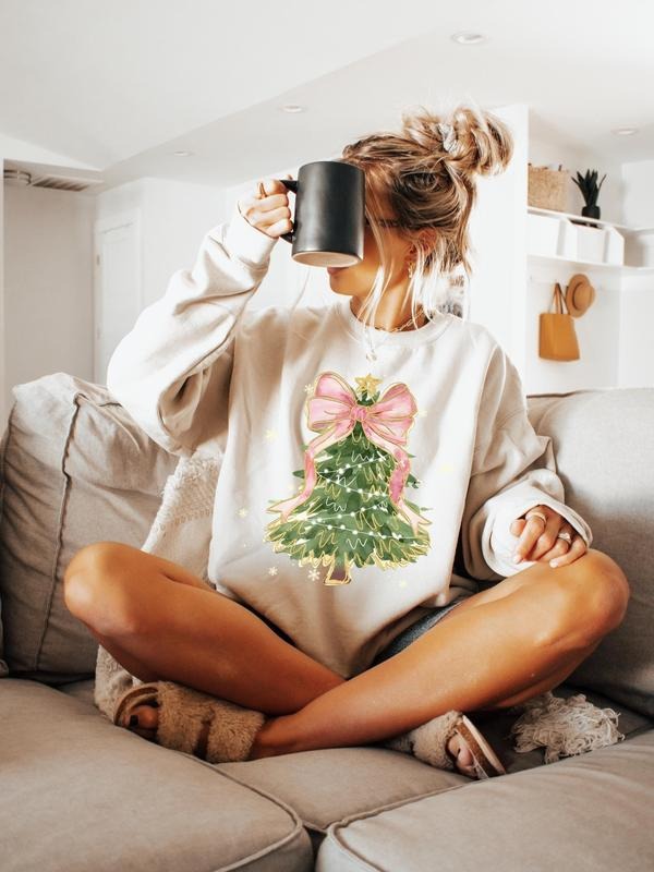 Christmas Tree Bow Sweatshirt, Christmas Sweatshirt For Women, Christmas Tree Shirt, Christmas Coquette Christmas Shirt, Xmas Holiday Gift Shirt, Girly Christmas Shirt