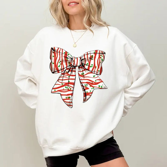 Christmas Tree Cake Coquette Bow Sweatshirt, Girly Christmas Coquette Crewneck, Cute Tree Cake Bow Sweater for Girls, Christmas Season Sweatshirt, Xmas Holiday Tops, 2024 Christmas Gift Ideas for Girl, Comfy Long Sleeve Pullover, Cozy Cotton Womenswear