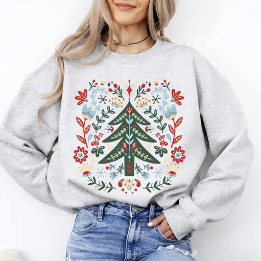 Christmas Tree Folk Art, Scandinavian, Classic, Santa, Floral Sweatshirt, Crew Neck, Women's, Crewneck T-Shirts, Hoodie