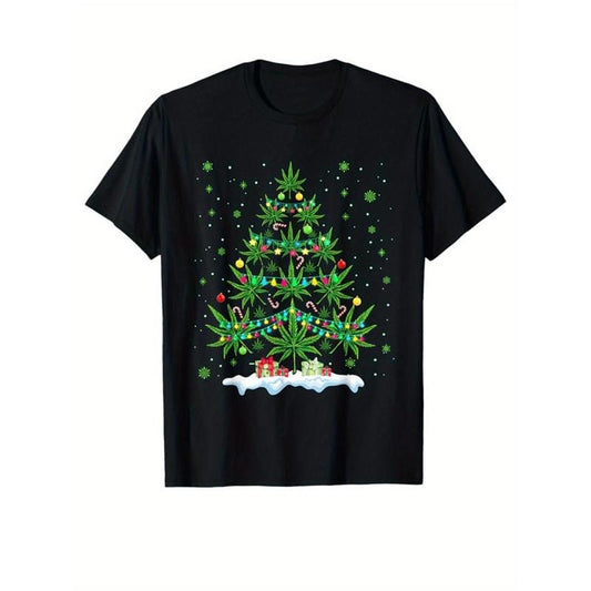 Christmas Tree Print Men's Cotton T-shirt, Graphic Tee Men's Xmas Outdoor Clothes, Men's Clothing, Casual Short Sleeve...