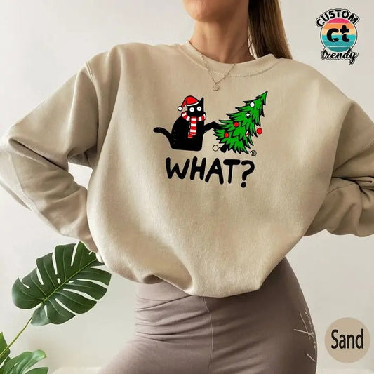 Christmas Tree Sweatshirt,Funny New Year Cat Sweatshirt,Minimalist What ,New Year Gift for Pet Owner,,Cat Mom T Sweatshirts,Holiday Gifts UC6324