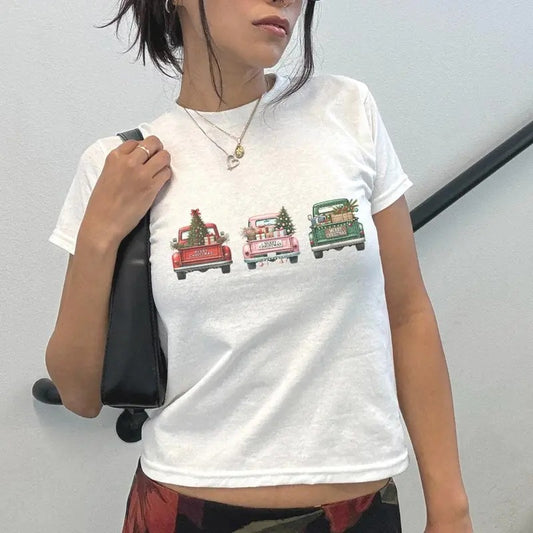 Christmas Truck Baby Tee in Red - Christmas Girl Shirt, Christmas Truck Girly Gift Casual Comfort