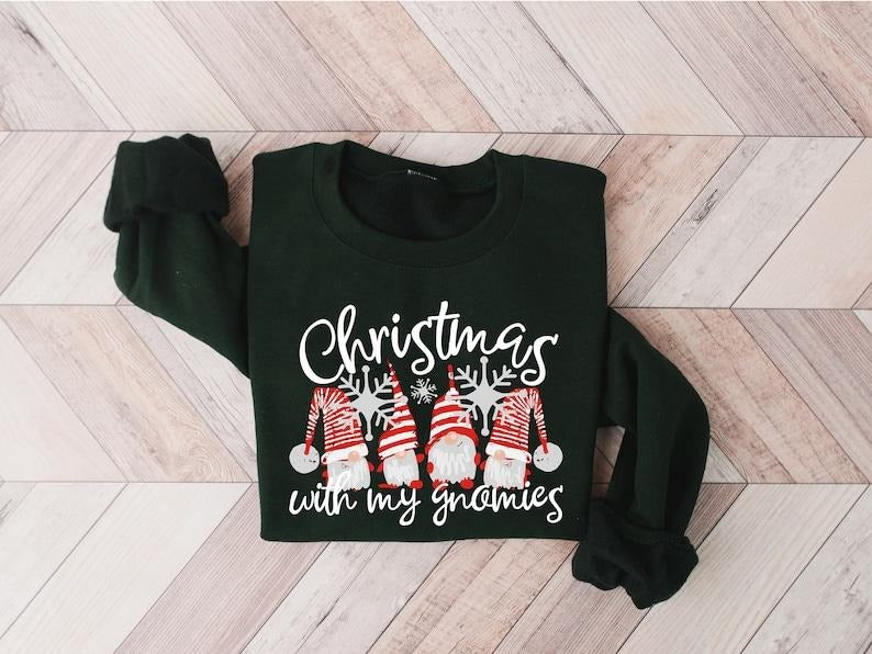 Christmas With My Gnomies Sweatshirt, Merry Christmas Sweatshirt, Buffalo Plaid Gnomes, Cute Gnomes Sweatshirt, Christmas Gift,Holiday Hoodie and Sweater; T-shirt Cotton Menswear