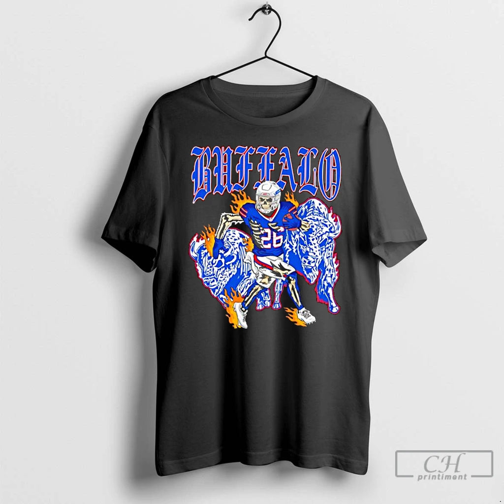 Classic Buffalo Gothic Text Skeleton Football Player 26 Running Between Blue Bison On Fire