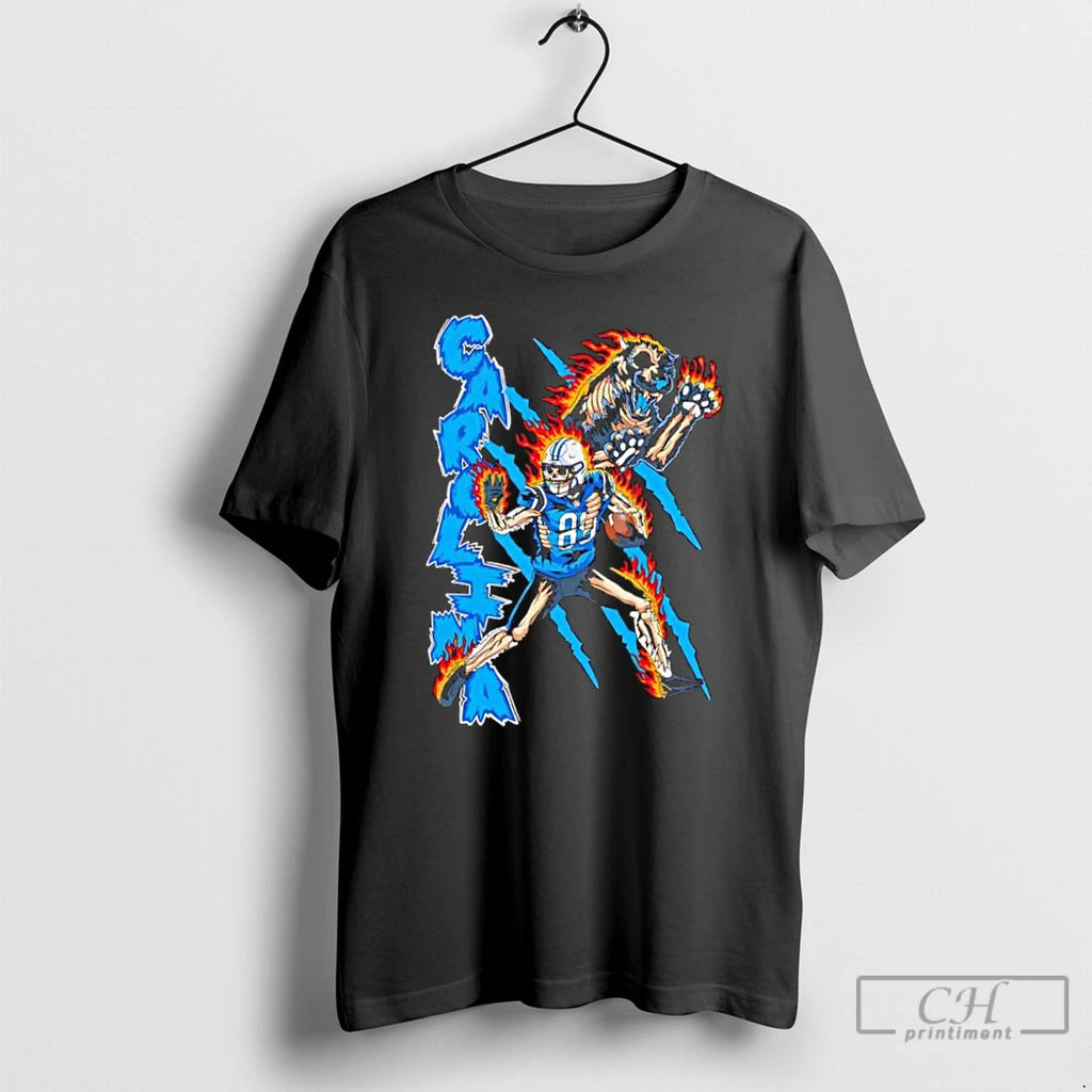 Classic Carolina Panthers Skeleton Player 88 On Fire With Skeleton Growling Panther Graphic T Shirts