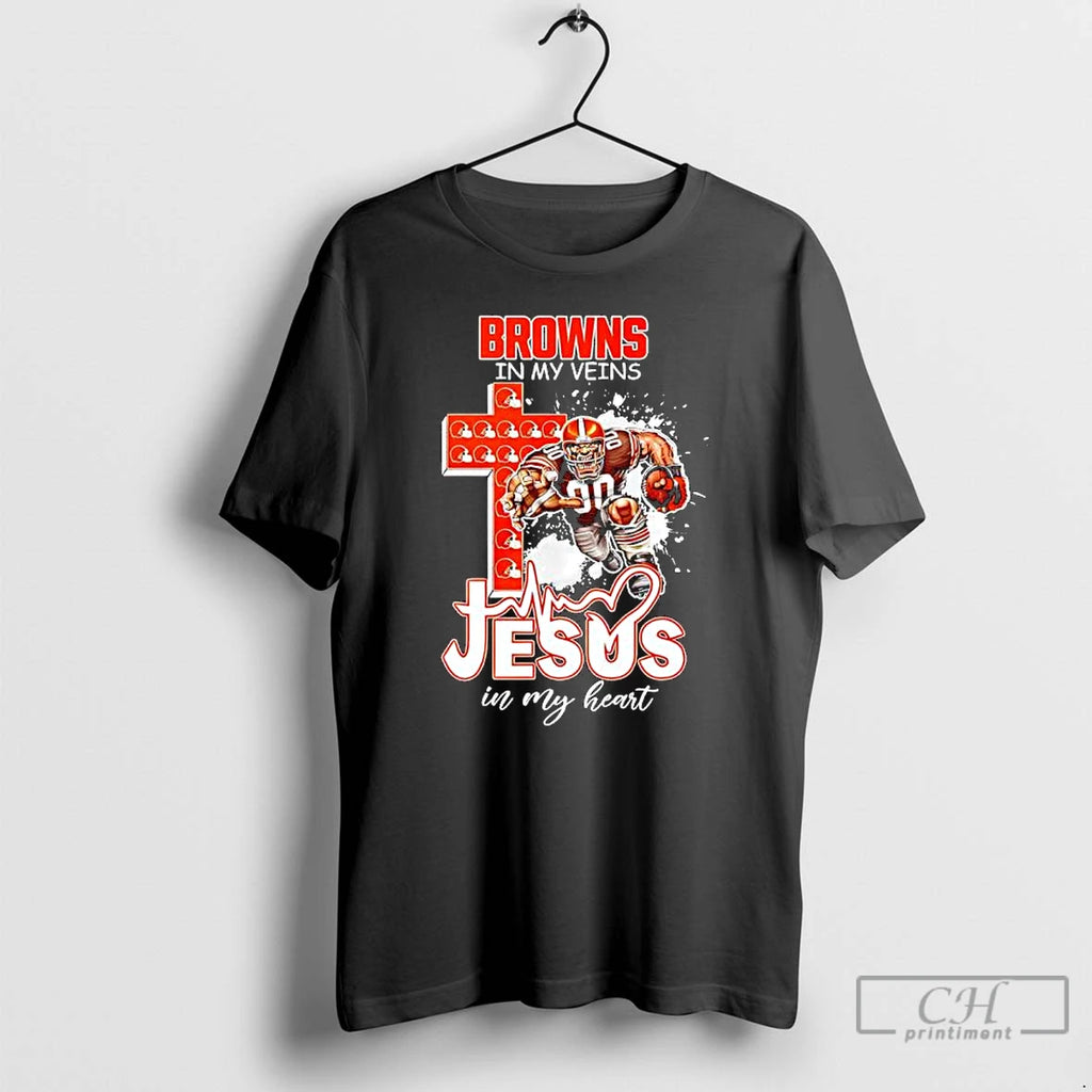 Classic Cleveland Browns In My Veins Jesus In My Heart Features A Football Player Logos