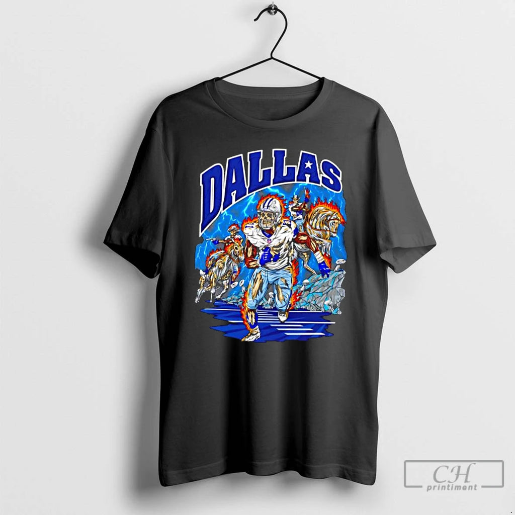 Classic Dallas Cowboys Skeleton Player 1 Running With Cowboys On Fire Horses Under Lightning