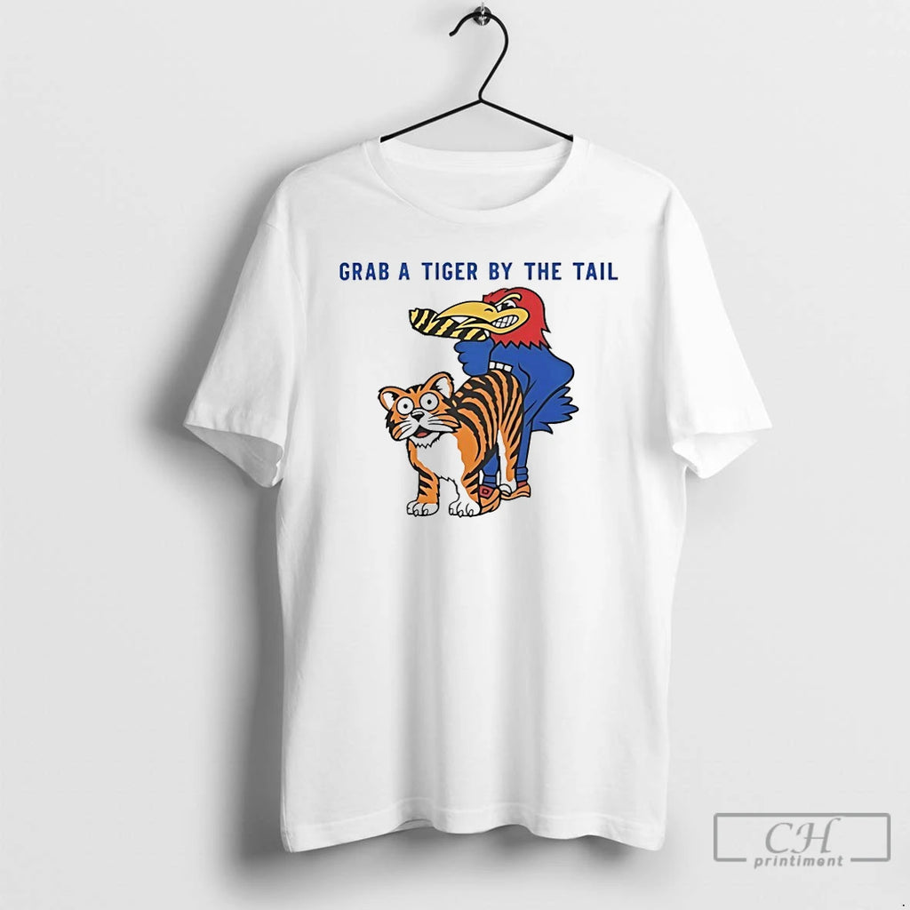 Classic Kansas Jayhawks Vs Missouri Tigers Rivalry Grab A Tiger By The Tail T Shirts