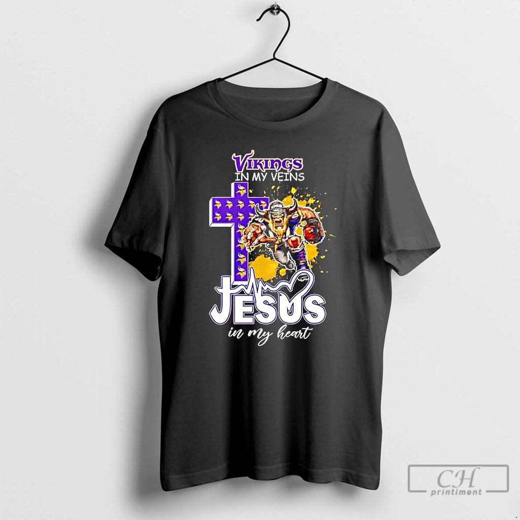 Classic Minnesota Vikings In My Veins Jesus In My Heart Features A Football Player Logos