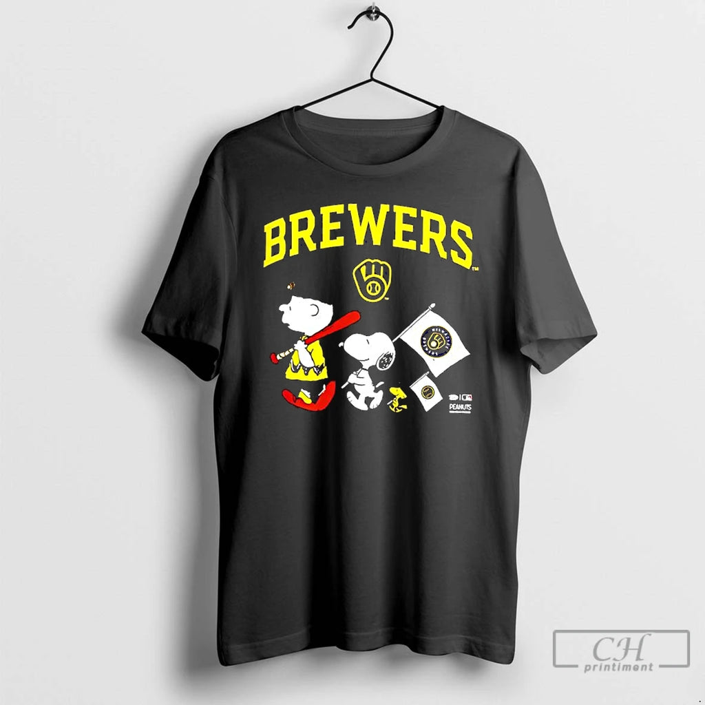 Classic Peanuts Chracters Flag With Milwaukee Brewers