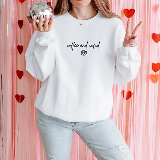 Coffee And Cupid Embroidered Sweatshirt, Good Vibes Sweatshirt, Quotes Sweater, Comfort Colors Embroidered T-Shirt EMB
