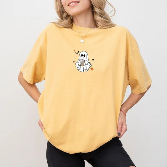 Coffee Lover Tee, Coffee fall Vibes Graphic T-shirt, Little Ghost Drinking Iced Coffee Unhinged Shirt, Fall Outfits,...