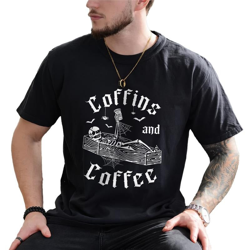Coffins And Coffee Shirt, Funny Halloween Graphic Printed Tee, Coffee Lovers Shirt, Funny Skeleton Unhinged Tee, Sarcastic Men T-shirt, Spooky Vibes Shirt, Halloween Gift Shirt For Husband, Comfy Fabric Graphic Tee, Men's Top, Menswear