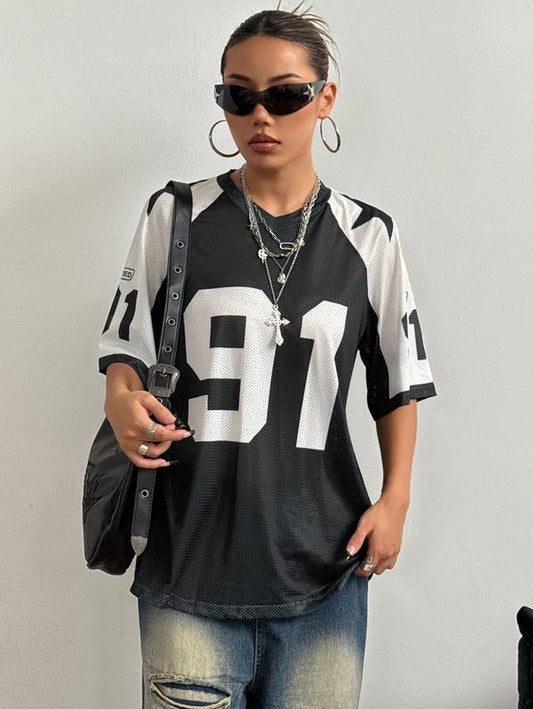 Color Block Oversized Football Jersey Mesh Number Print Short Sleeve Tee Top Hoodie, Sweatshirt | WearSparks.com