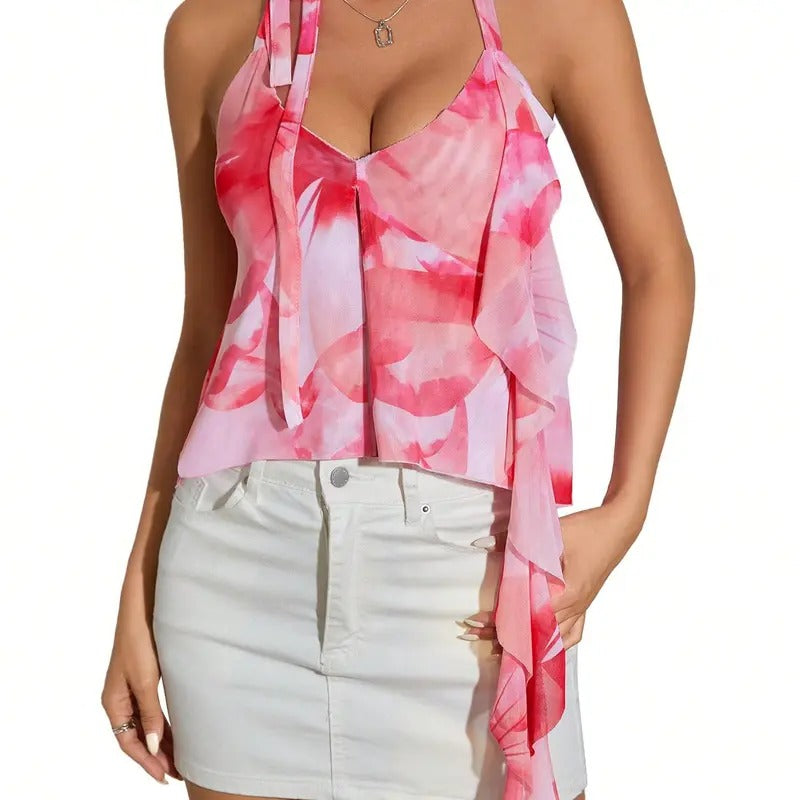 Colorblock Tie Dye 4D Floral Appliques Sleeveless V Neck Cami Top Ruffle Trim Crop Tops T-Shirts, Hoodie, Sweatshirt