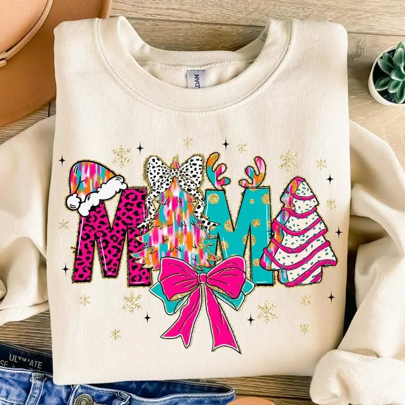 Colorful Coquette Glitter Christmas Mama SWEATSHIRT, Mama And Mini SWEATSHIRT, Christmas Tree Cake SWEATSHIRT, Bright...