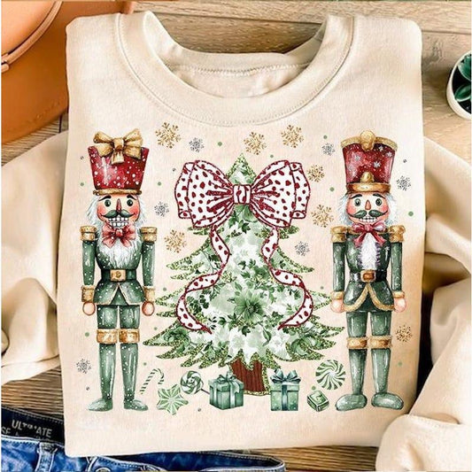 Colorful Gold Glitter Chinoiserie Christmas Tree Shirt, Coquette Green Millennial Christmas Shirt, Christmas Nutcrackers Shirt, Preppy Christmas