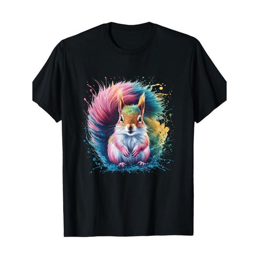 Colorful Watercolor Squirrel Graphic T-Shirt for Men and Women - 100% Cotton Knit Fabric, Regular Fit, Crew Neck, Short Sleeve, All-Season Pullover with Digital Heat Transfer Geometric Pattern Made in USA
