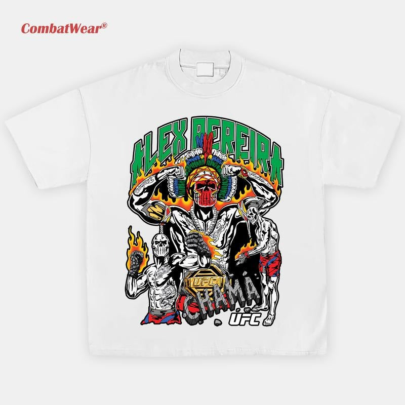 CombatWear Alex Pereira Chama Skull T-Shirt - Combat Series Tee, Boxing T-shirt, Gift for Fighters, Sports Apparel For True Fans Of The Fight Game, Short Sleeve, 100% Cotton, Premium Boxing Apparel