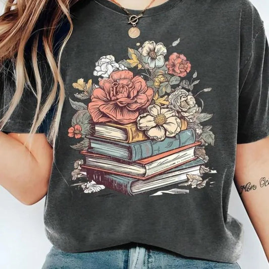 Comfort Color Women's Cartoon Floral & Books Print Round Neck Tee, Fashion Casual Short Sleeve T-shirt, Ladies Summer Clothes for Daily Wear