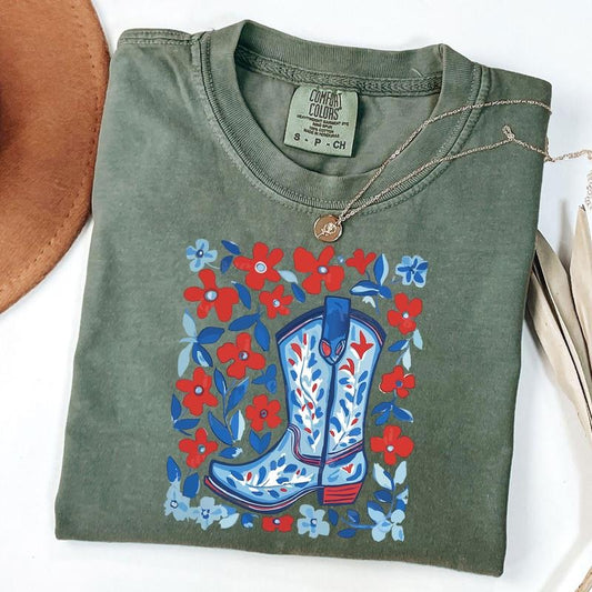 Comfort Colors 4th Cowgirl Shirt, 4th of July Cowgirl boots Shirt, Western Patriotic Fourth Of July T-Shirt, 4th of July Gift