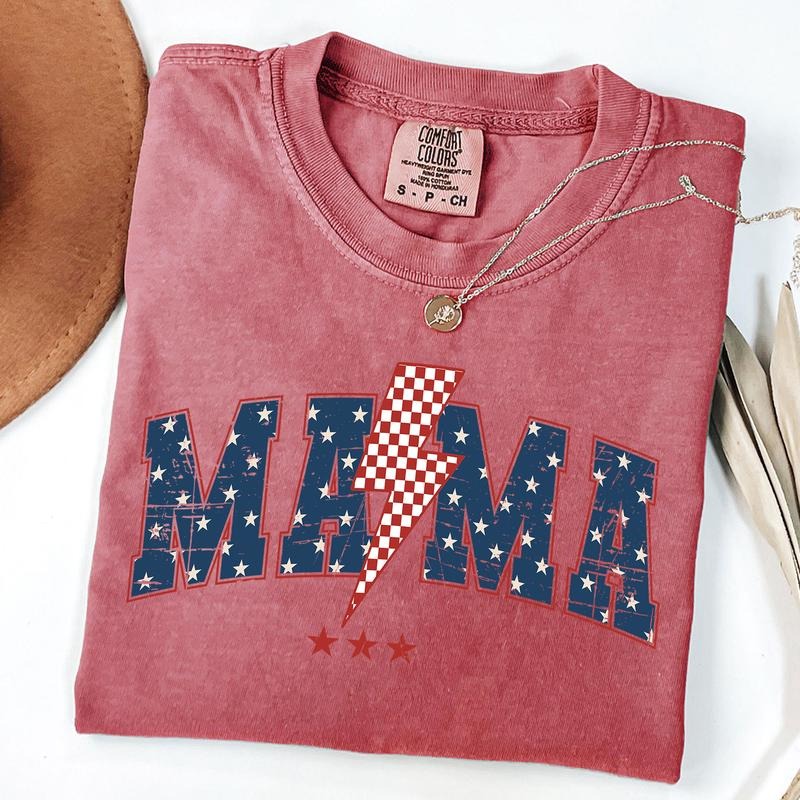 Comfort Colors 4th of July Mama Tee, Checkered American Mama Shirt, Patriotic Mama T-Shirt