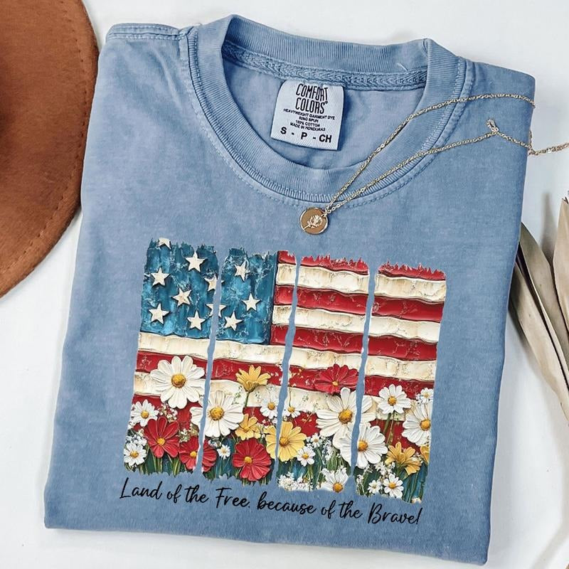 Comfort Colors American Flag Shirt, Gift For American, Land of the Free T-Shirt, Floral America USA Shirt, Independence Day Shirt